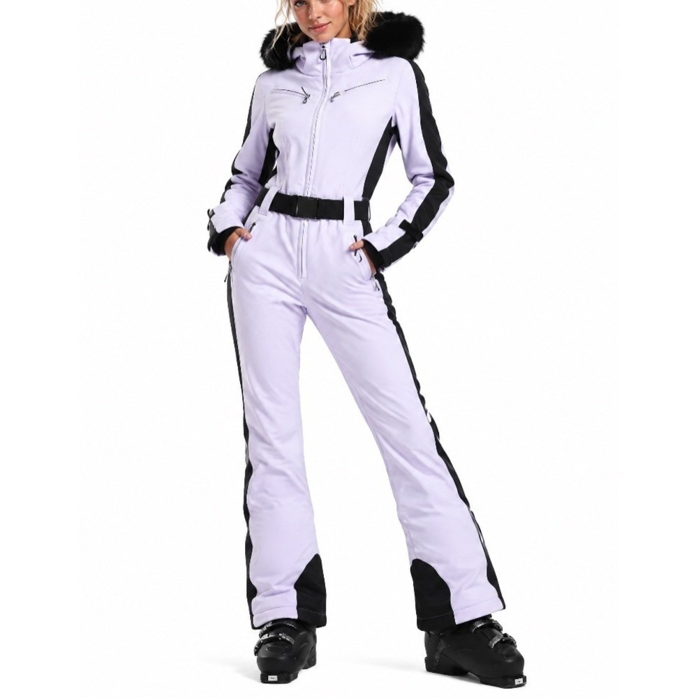 New GSOU SNOW SKI SUIT Lavender Light Purple SLIM FIT FAUX FUR TRIM Stretch SZ L